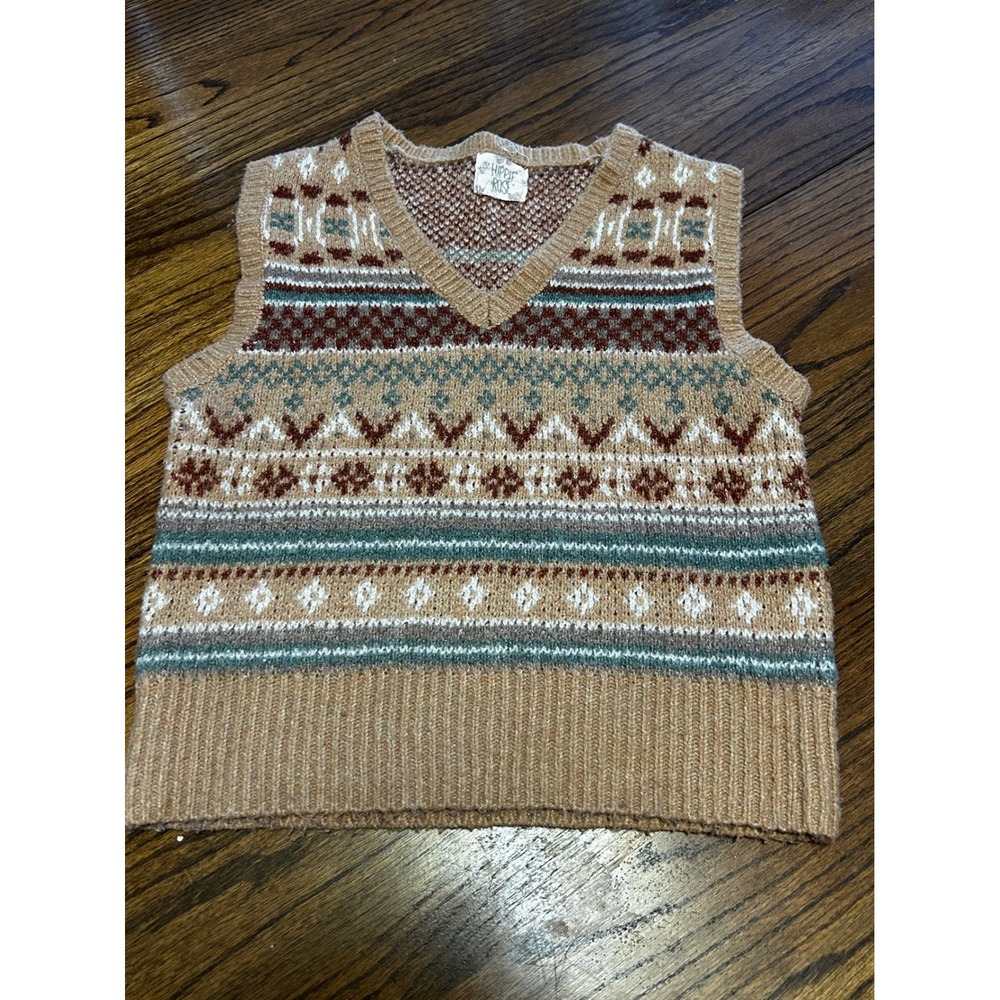 Hippie Rose Fair Isle Sweater Vest Tan Brown Teal V-Neck Knit 2S10332 Womens Med